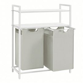 Panier à linge, Rangement 2 compartiments, 2 Sacs Amovibles en tissu Oxford, 2 Étagères, 46L pour chaque Sac, Blanc