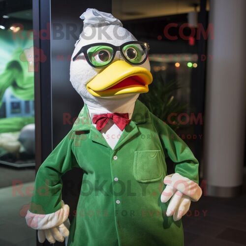 Personnage De Costume De Mascotte Redbrokoly De Canard De Barbarie Vert Habillé D'une Chemise De Ville Et De Lunettes