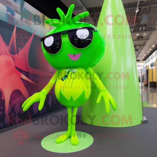 Personnage De Costume De Mascotte Redbrokoly D'araignée Vert Citron Vêtu D'une Mini Jupe Et De Lunettes De Soleil