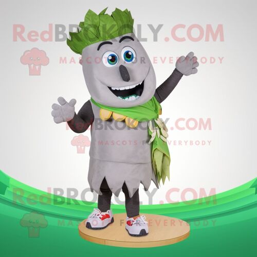 Personnage De Costume De Mascotte Redbrokoly De Pâtes Au Pesto Gris Habillé D'un Bermuda Et De Bracelets