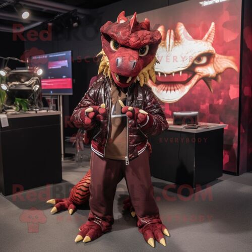 Personnage De Costume De Mascotte Redbrokoly De Dragon Marron Vêtu D'une Veste En Cuir Et De Pinces À Cheveux
