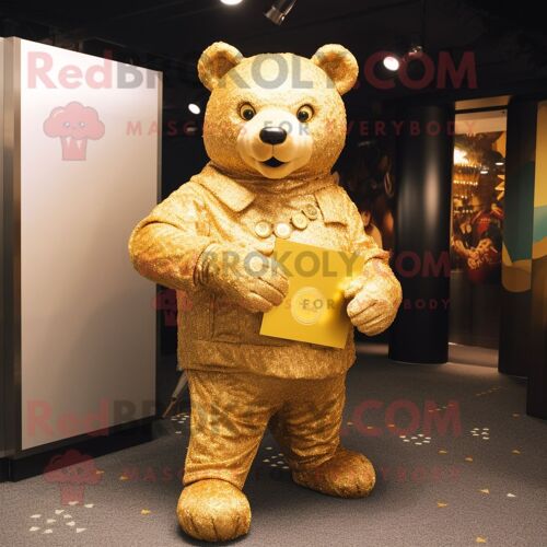 Personnage De Costume De Mascotte Redbrokoly D'ours D'or Habillé D'un Cardigan Et De Porte-Monnaie