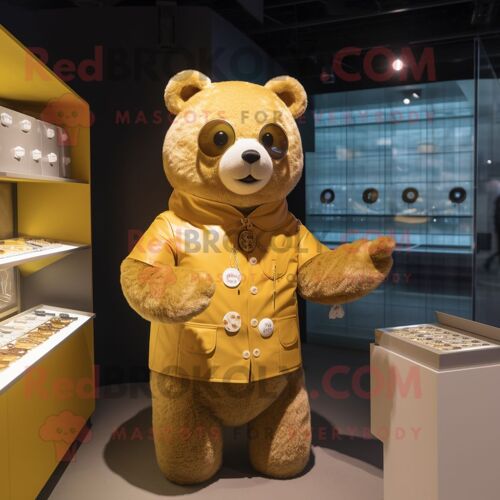 Personnage De Costume De Mascotte Redbrokoly D'ours D'or Habillé D'un Cardigan Et De Porte-Monnaie