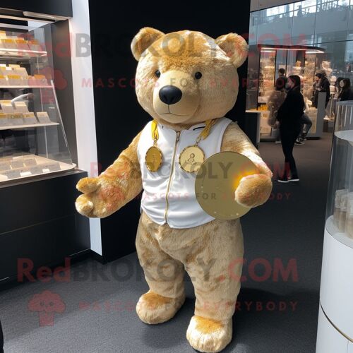 Personnage De Costume De Mascotte Redbrokoly D'ours D'or Habillé D'un Cardigan Et De Porte-Monnaie
