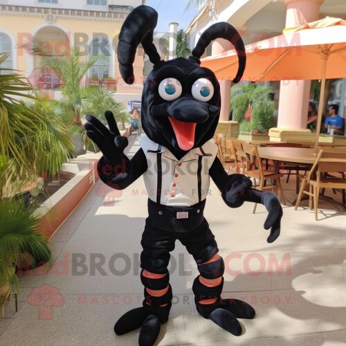 Personnage De Costume De Mascotte Redbrokoly De Crevettes Noires Scampi Habillé D'un Pantacourt Et De Bretelles