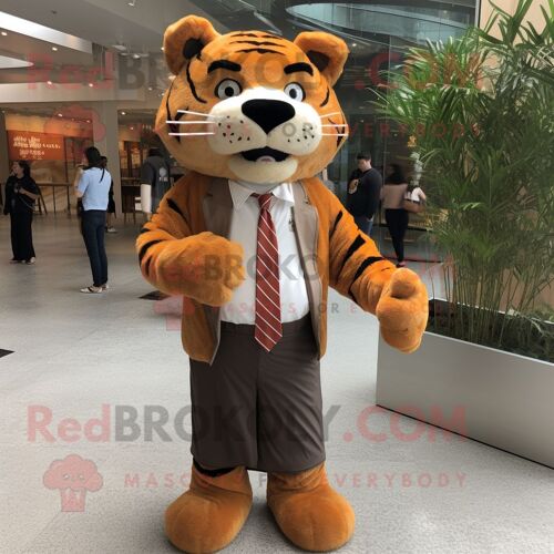 Personnage De Costume De Mascotte Redbrokoly De Tigre Brun Habillé Avec Une Chemise Habillée Et Des Épingles À Cravate