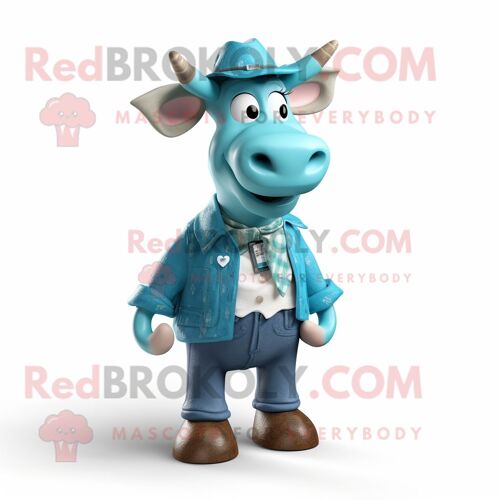 Personnage De Costume De Mascotte Redbrokoly De Vache Jersey Cyan Vêtu D'un Gilet Et De Chapeaux
