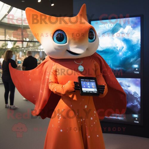 Personnage De Costume De Mascotte Redbrokoly Rust Manta Ray Habillé Avec Une Robe Droite Et Des Montres Intelligentes