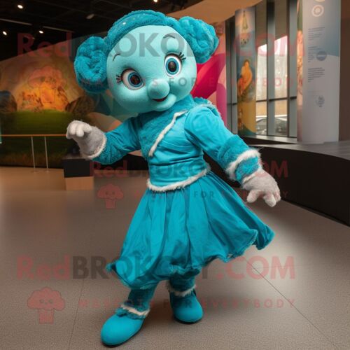 Mascotte Redbrokoly De Personnage De Danseuse Irlandaise Turquoise Vêtue D'une Robe Portefeuille Et De Mitaines