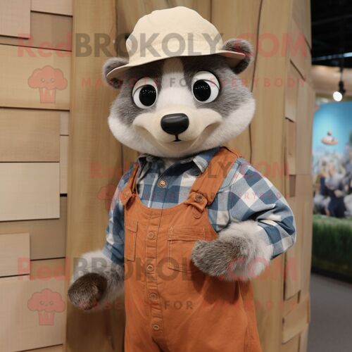 Personnage De Costume De Mascotte Redbrokoly Peach Badger Habillé D'une Chemise Chambray Et De Chapeaux