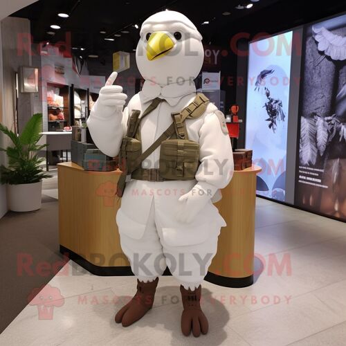 Mascotte Redbrokoly De Personnage De Colombe Blanche Vêtue D'un Pantalon Cargo Et De Mitaines