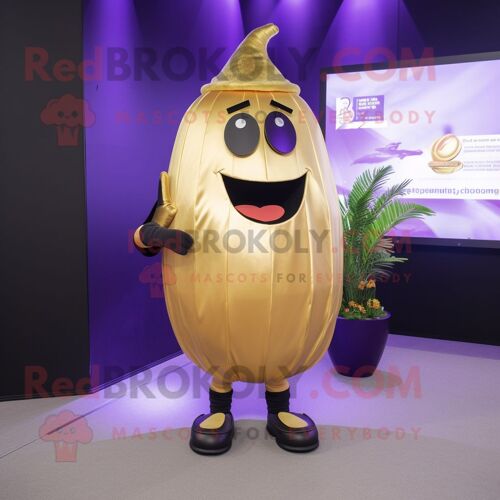 Personnage De Costume De Mascotte Redbrokoly D'aubergine Dorée Habillé D'un Débardeur Et D'épinglettes