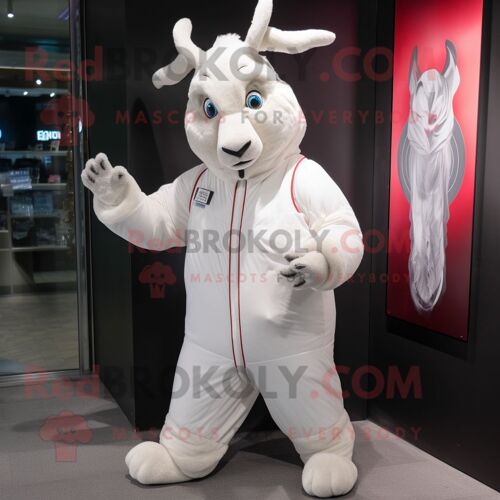 Personnage De Costume De Mascotte Redbrokoly De Renne Blanc Habillé D'un Coupe-Vent Et De Wraps