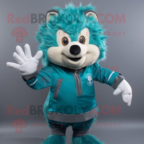 Personnage De Costume De Mascotte Redbrokoly De Hérisson Bleu Sarcelle Habillé D'un T-Shirt À Col En V Et De Gants