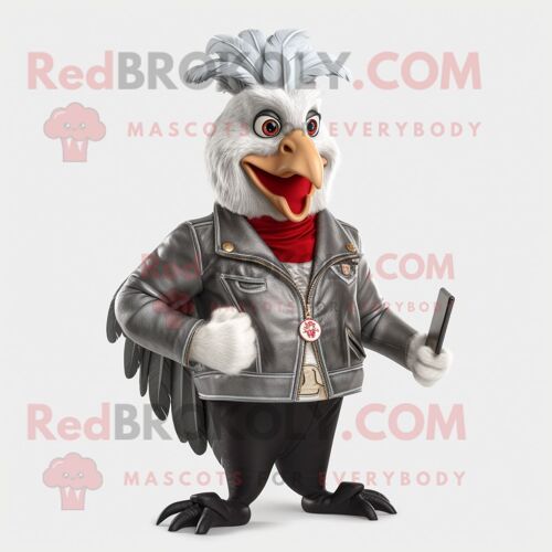 Personnage De Costume De Mascotte Redbrokoly De Coqs Argentés Habillé D'une Veste En Cuir Et De Portefeuilles