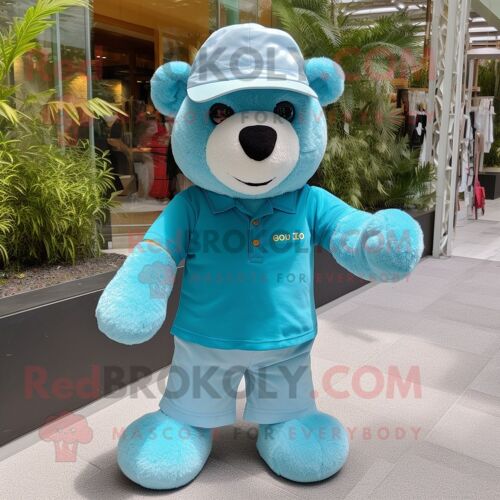 Personnage De Costume De Mascotte Redbrokoly D'ours En Peluche Cyan Habillé D'un Polo Et De Pochettes