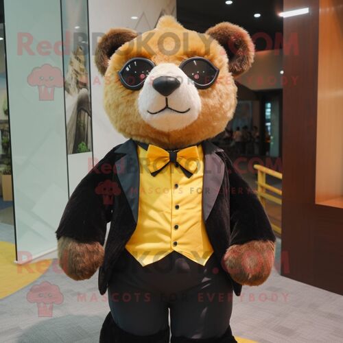 Personnage De Costume De Mascotte Redbrokoly D'ours À Lunettes D'or Habillé D'un Polo Et De Noeuds Papillon