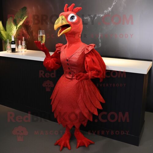 Personnage De Costume De Mascotte Redbrokoly De Pintade Rouge Habillé D'une Robe De Cocktail Et De Gants
