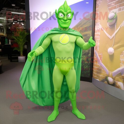 Personnage De Costume De Mascotte Redbrokoly De Super-Héros Vert Citron Vêtu D'un Jean Skinny Et De Colliers