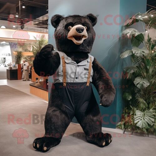 Personnage De Costume De Mascotte Redbrokoly D'ours Paresseux Noir Habillé D'un Pantalon Cargo Et De Noeuds Papillon