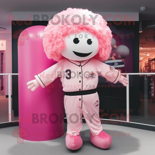 Personnage De Costume De Mascotte Redbrokoly De Boule De Canon Humain Rose Habillé Avec Un Tee-Shirt De Baseball Et Des Clips D'écharpe