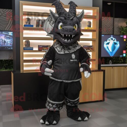 Personnage De Costume De Mascotte Redbrokoly De Dragon Noir Habillé D'un Sweat-Shirt Et De Cummerbunds