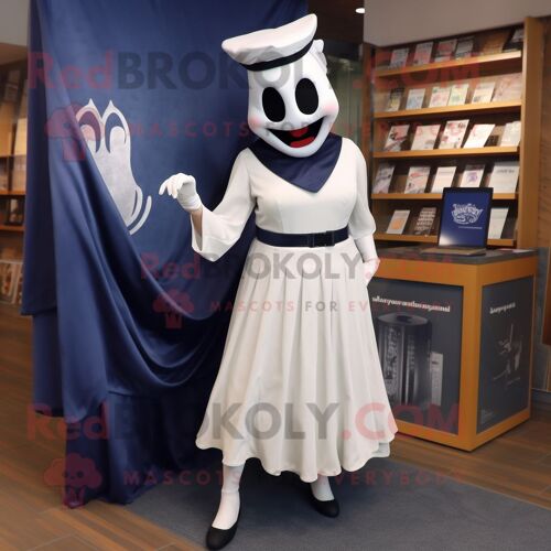 Mascotte Redbrokoly De Personnage De Fantôme Bleu Marine Habillé D'une Jupe Crayon Et De Coussinets Pour Les Pieds