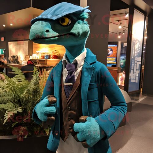 Mascotte Redbrokoly De Personnage Bleu Sarcelle Utahraptor Habillé D'une Veste Et De Pochettes