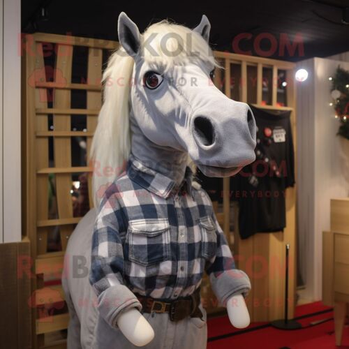 Personnage De Costume De Mascotte Redbrokoly Silver Horse Habillé D'une Chemise En Flanelle Et De Boucles D'oreilles
