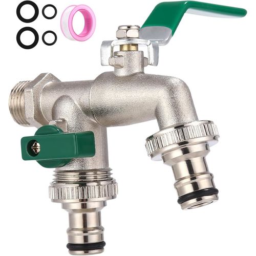Robinet double 3/4 pouce,Robinet exterieur jardin avec 2x 3/4 pouce,Premium antigel double robinet de jardin extérieur,pour jardin,ménage,industrie(vert) (1/2)