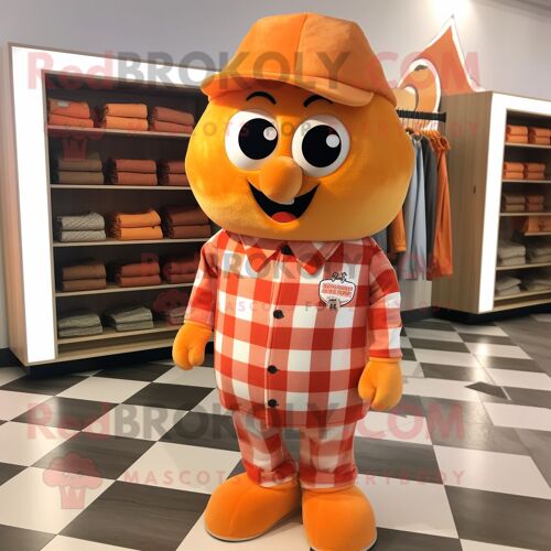 Mascotte Redbrokoly De Personnage De Bonbon Orange Habillé D'une Chemise En Flanelle Et De Pochettes