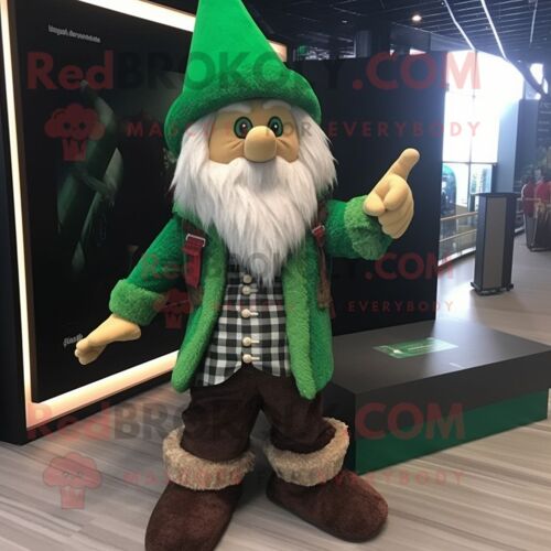 Personnage De Costume De Mascotte Redbrokoly De Sorcier Vert Habillé D'une Chemise En Flanelle Et D'épingles À Cheveux