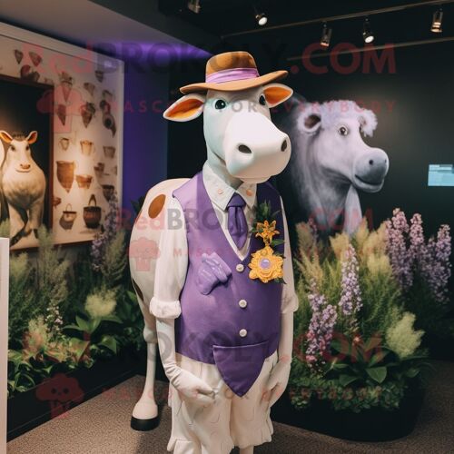 Personnage De Costume De Mascotte Redbrokoly De Vache De Guernesey Lavande Vêtu D'un Gilet Et D'épinglettes