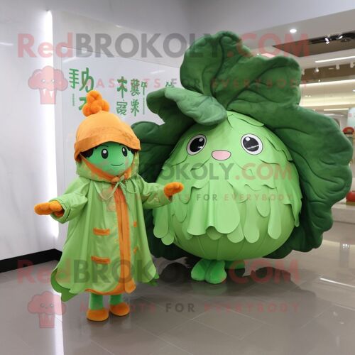 Personnage De Costume De Mascotte Redbrokoly Peach Cabbage Leaf Habillé D'un Imperméable Et De Châles