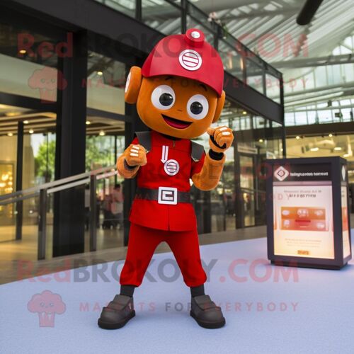Personnage De Costume De Mascotte Redbrokoly De Pompier De Rouille Habillé D'un Jean Skinny Et De Montres Intelligentes
