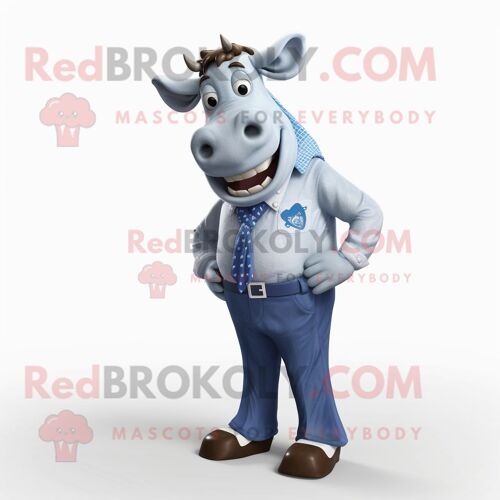 Mascotte Redbrokoly De Personnage De Vache Bleue Habillé D'un Pantalon Et D'une Pochette