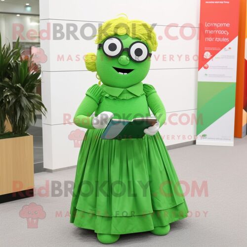 Personnage De Costume De Mascotte Redbrokoly De Drapeau Irlandais Vert Citron Vêtu D'une Jupe Plissée Et De Lunettes De Lecture