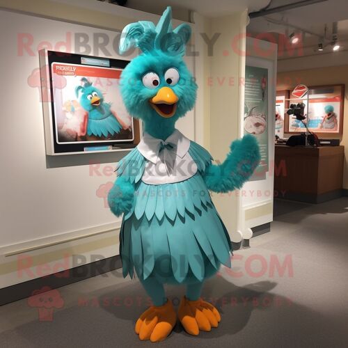 Personnage De Costume De Mascotte Redbrokoly De Poulet Turquoise Habillé D'une Robe Trapèze Et De Pinces À Cheveux
