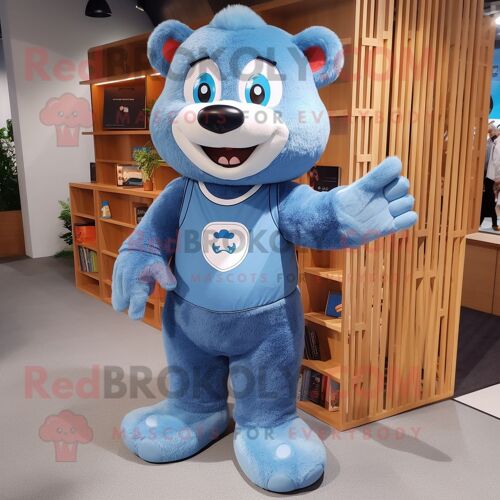 Personnage De Costume De Mascotte Redbrokoly D'ours Bleu Habillé D'un Short En Jean Et De Ceintures