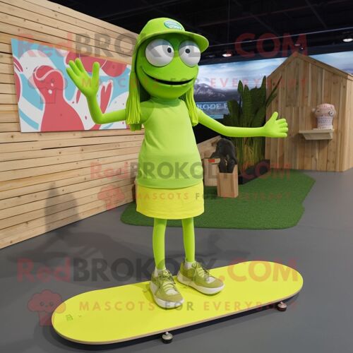 Personnage De Costume De Mascotte Redbrokoly De Planche À Roulettes Vert Citron Vêtu D'une Robe Droite Et De Colliers