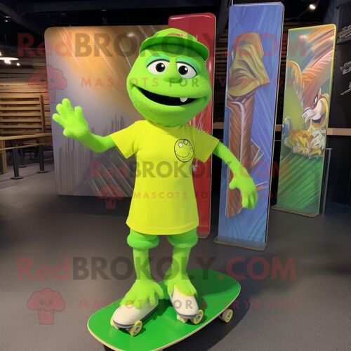 Personnage De Costume De Mascotte Redbrokoly De Planche À Roulettes Vert Citron Vêtu D'une Robe Droite Et De Colliers