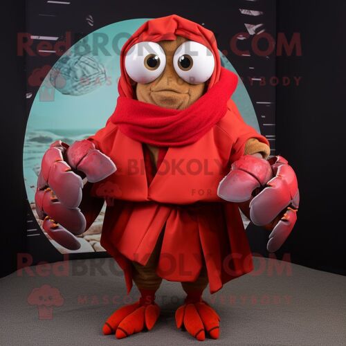 Personnage De Costume De Mascotte Redbrokoly De Crabe Ermite Rouge Habillé D'un Manteau Et De Coussinets De Pied