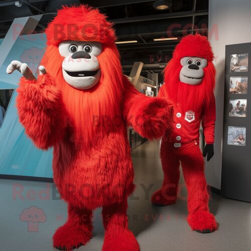 Mascotte Redbrokoly De Personnage De Yéti Rouge Habillé D'une Combinaison Et De Bérets