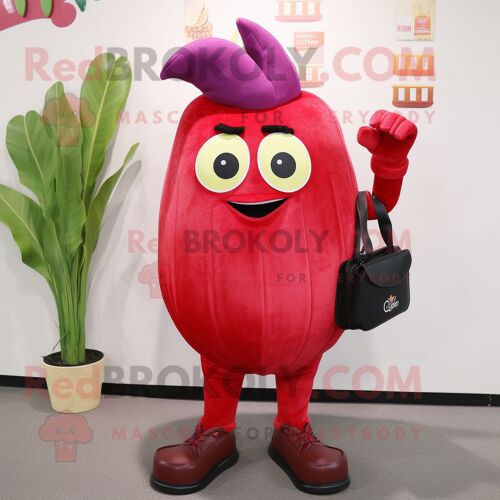 Personnage De Costume De Mascotte Redbrokoly D'oignon Rouge Habillé D'un Jean Bootcut Et De Portefeuilles