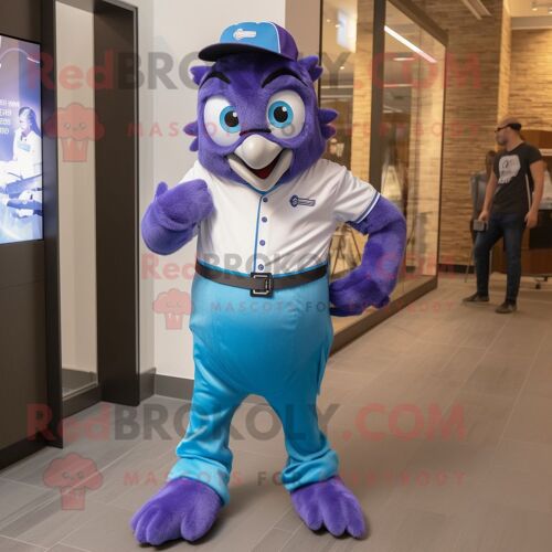 Personnage De Costume De Mascotte Redbrokoly De Geai Bleu Violet Vêtu D'une Chemise Boutonnée Et De Montres Intelligentes