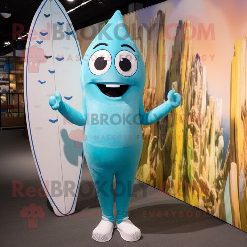 Personnage De Costume De Mascotte Redbrokoly De Planche De Surf Cyan Habillé D'un Pantalon De Yoga Et De Bretelles