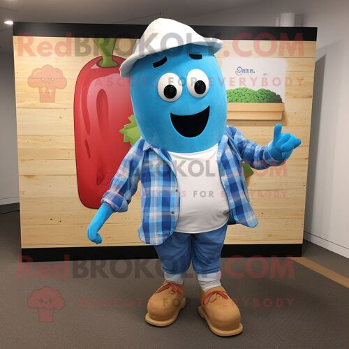 Personnage De Costume De Mascotte Redbrokoly De Radis Bleu Ciel Habillé D'une Chemise En Flanelle Et De Lacets De Chaussures