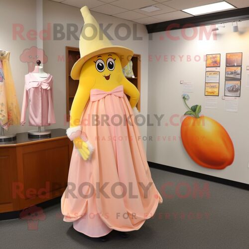 Personnage De Costume De Mascotte Redbrokoly Peach Banana Habillé D'une Robe Taille Empire Et De Pinces À Chaussures