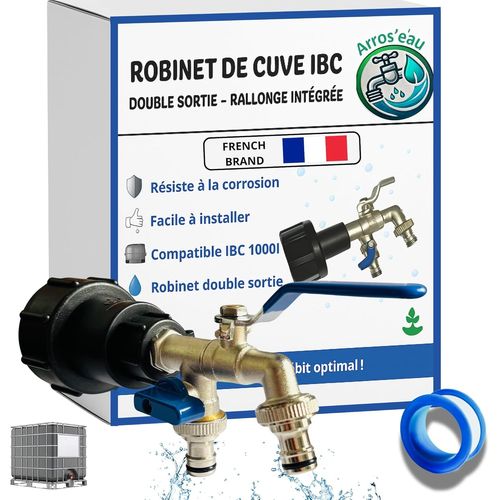 Robinet Cuve 1000L 1/2 S60X6 IBC- Extension Intégrée,raccord cuve 1000 litres,Double Sortie avec Rallonge Raccord Rapide & Étanche ¿ Idéal pour Jardinage,Remplissage et Arrosage simultané