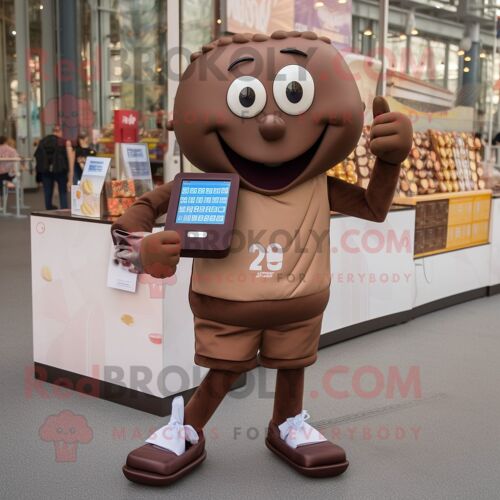 Personnage De Costume De Mascotte Redbrokoly De Barre De Chocolat Marron Habillé D'un Short De Course Et De Porte-Monnaie